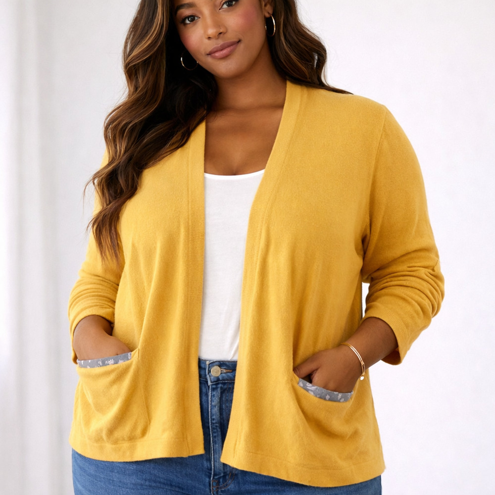 Anthro HWR Trieste Cardigan XL Mustard Yellow Open Front Topper Sweater